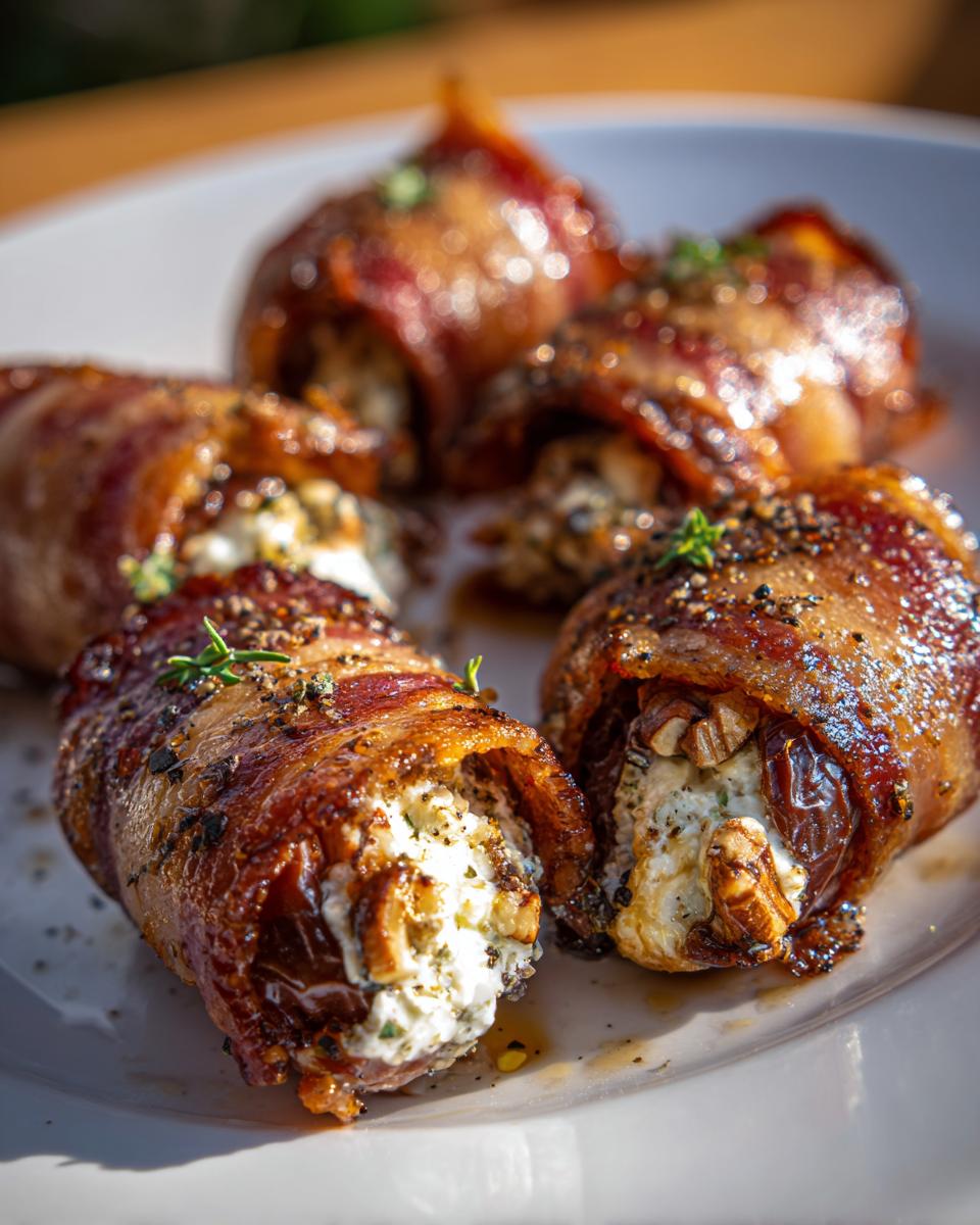 Four crispy, bacon-wrapped stuffed dates filled with cream cheese and pecans, seasoned with pepper.
