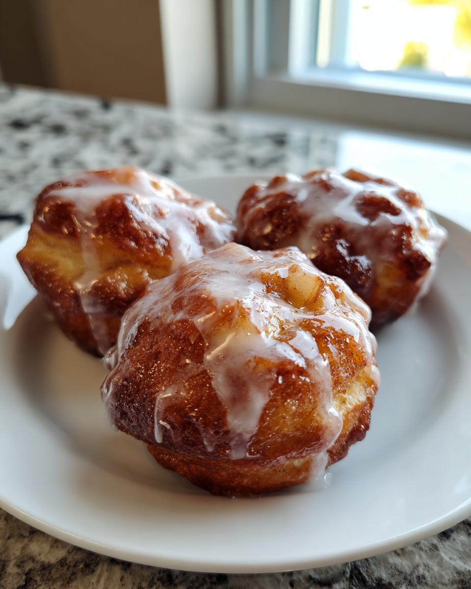 Three golden brown baked apple fritters generously drizzled with a sweet white glaze, resting on a white plate.