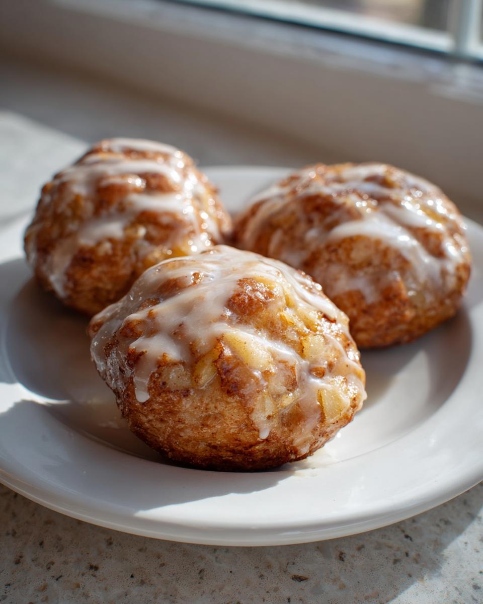 Three golden baked apple fritters drizzled with white sweet glaze, sitting on a white plate near a window.