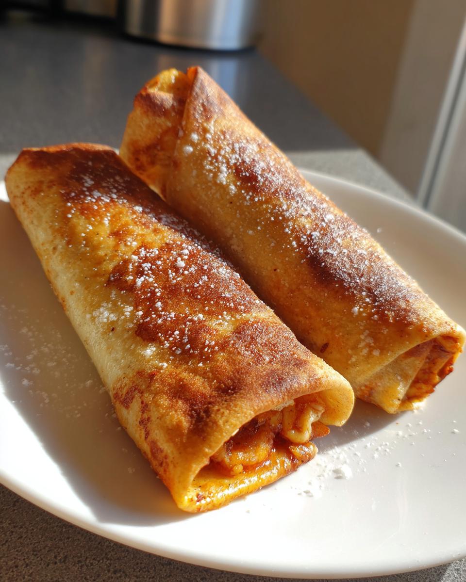 Two golden brown, rolled Baked Chicken Chimichangas dusted with powdered sugar on a white plate.