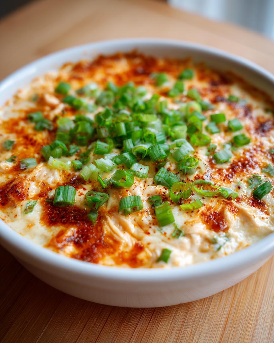 Close-up of a hot, baked chicken enchilada dip in a white bowl, topped generously with fresh chopped green onions.