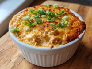 Close-up of hot, cheesy chicken enchilada dip topped with green onions in a white ramekin.