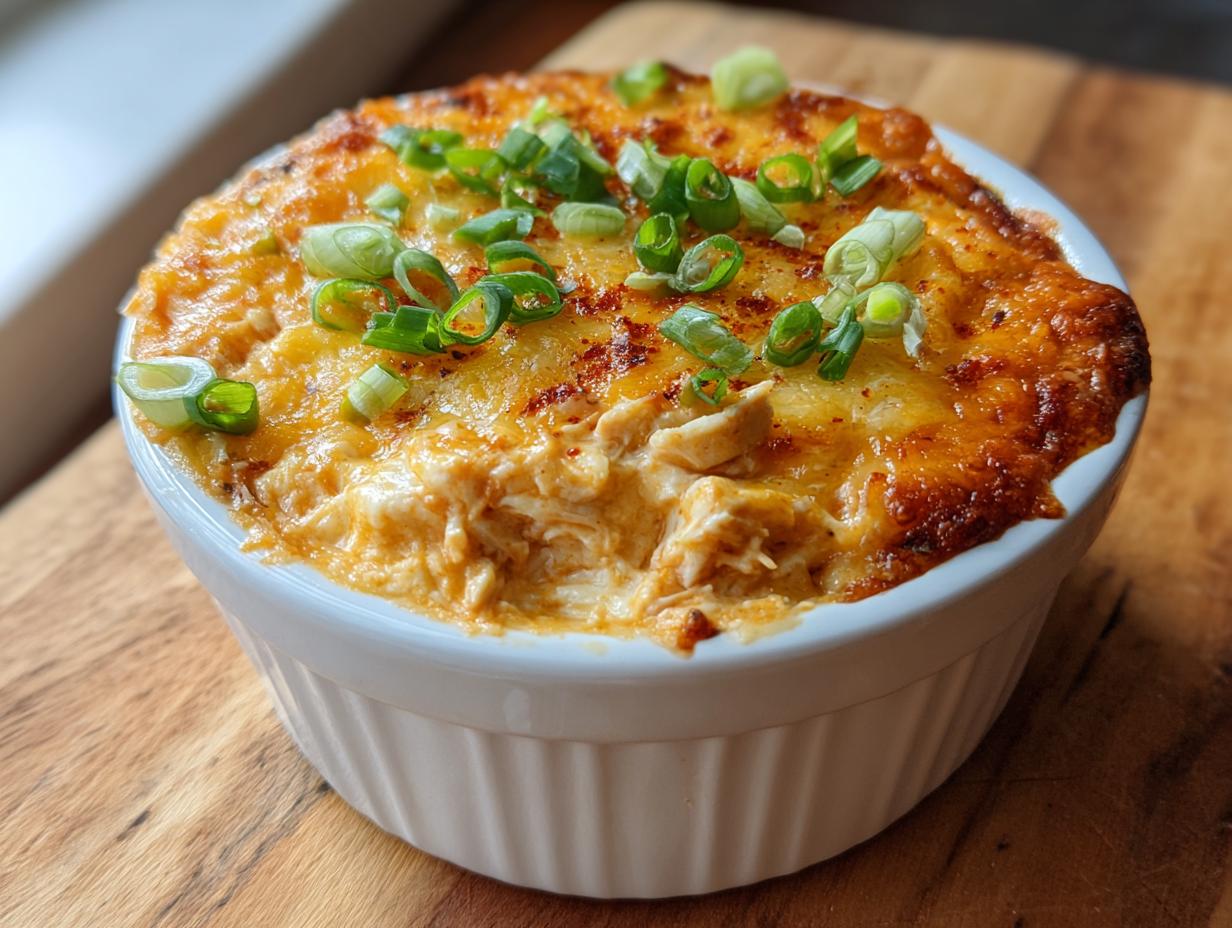 Close-up of hot, cheesy chicken enchilada dip topped with green onions in a white ramekin.
