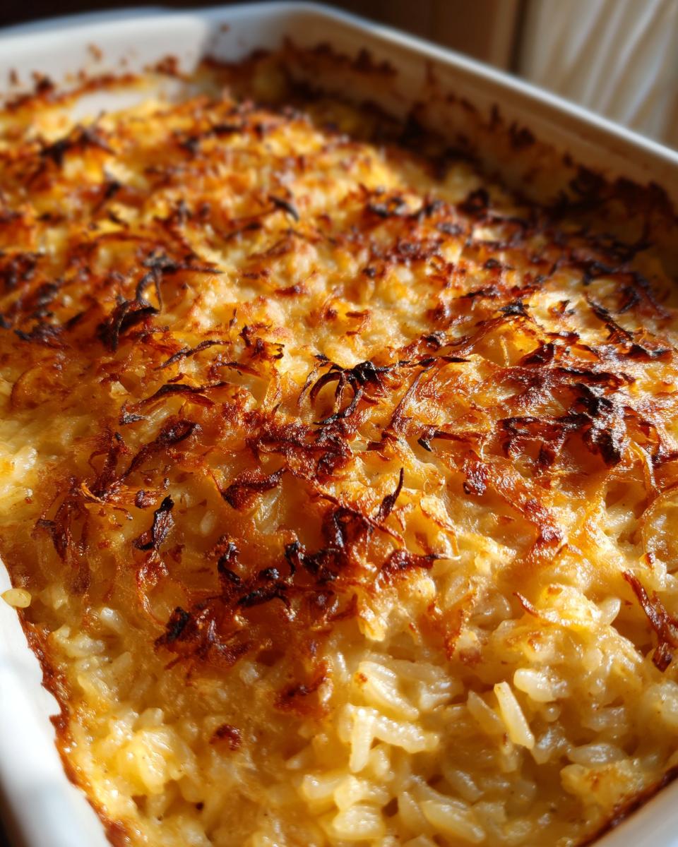 Close-up of baked french onion butter rice with a golden, crispy, caramelized onion topping.