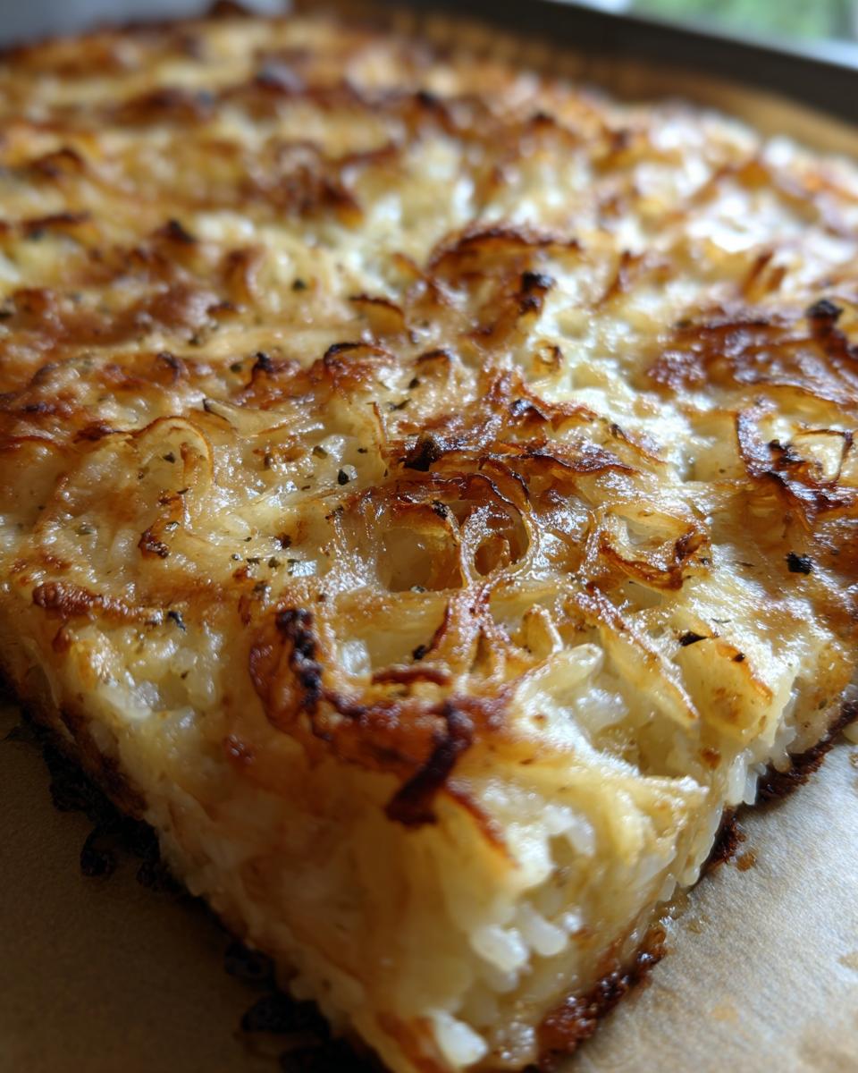 Close-up of baked french onion butter rice with a golden-brown, caramelized onion topping.