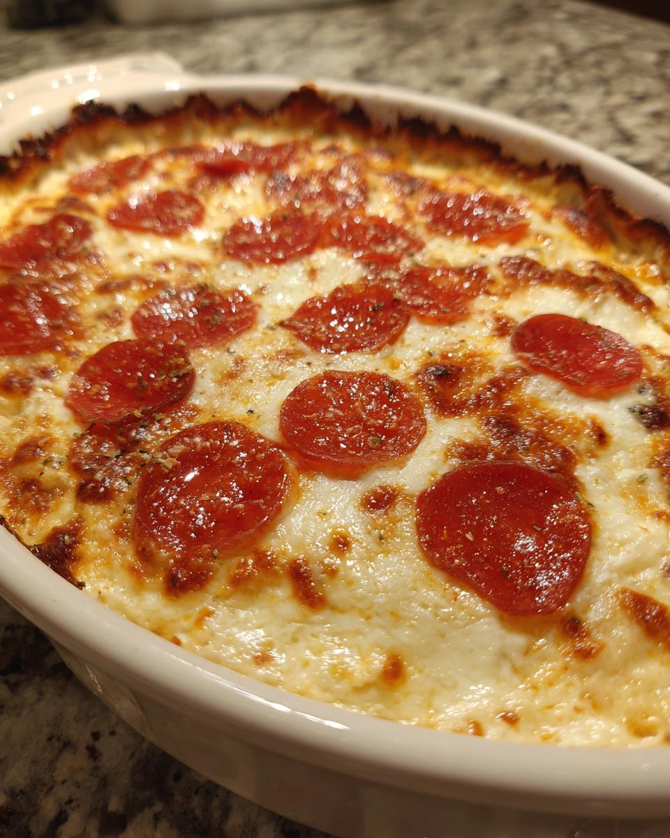 Close-up of a bubbling, baked pepperoni pizza dip topped with melted cheese and pepperoni slices.