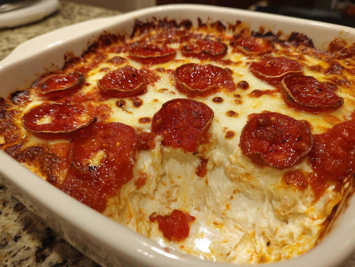 Close-up of a hot, bubbling pepperoni pizza dip topped with melted cheese and sauce in a white baking dish.