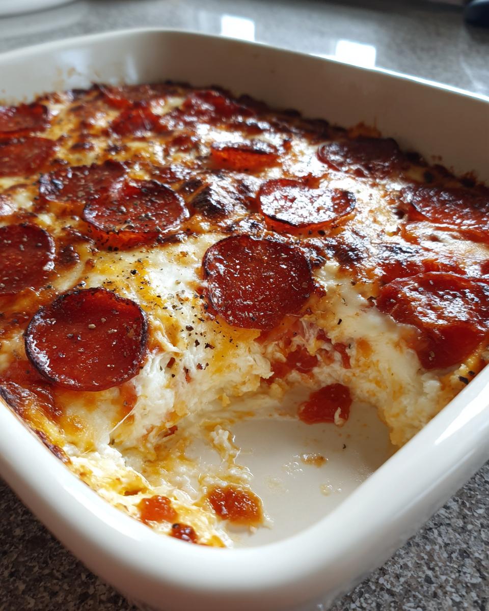 Close-up of a baked pepperoni pizza dip with melted cheese, showing a scoop taken out.