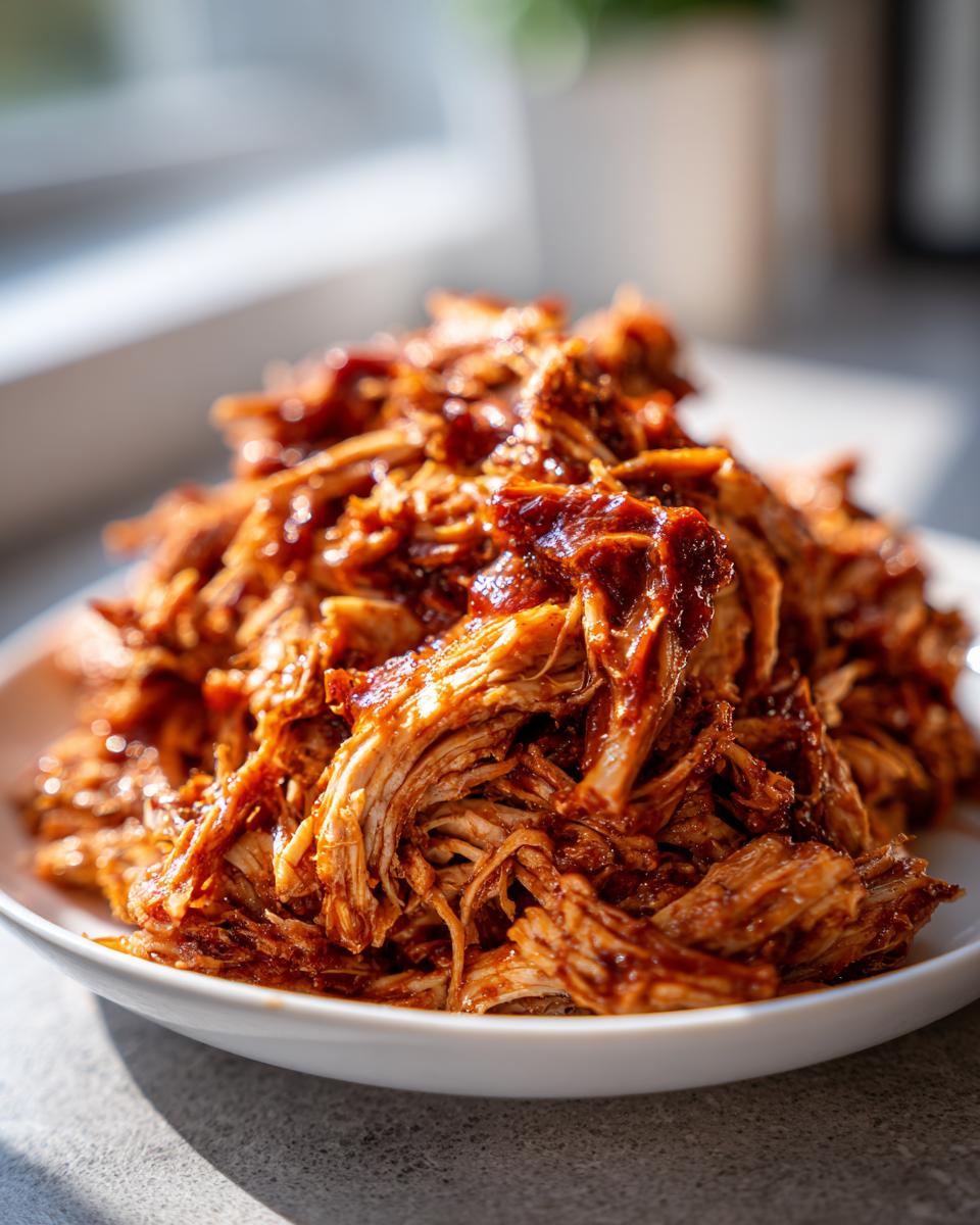 A close-up view of shredded, saucy pulled chicken piled high on a white plate.