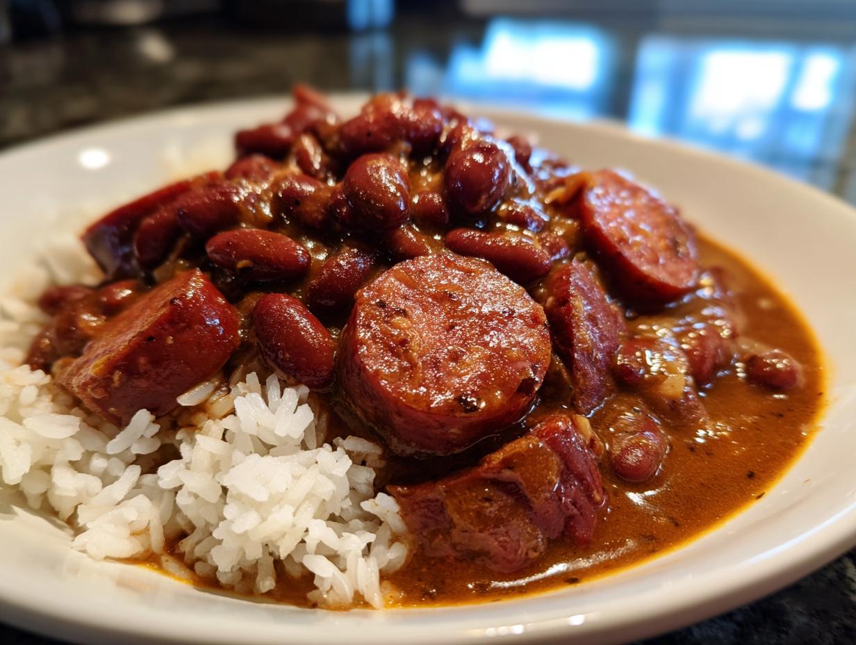 Close-up of rich, savory beans and rice topped with thick slices of smoked sausage.