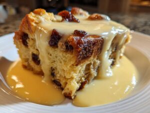 A close-up of a thick slice of bread pudding recipe, studded with raisins and generously covered in creamy vanilla custard.