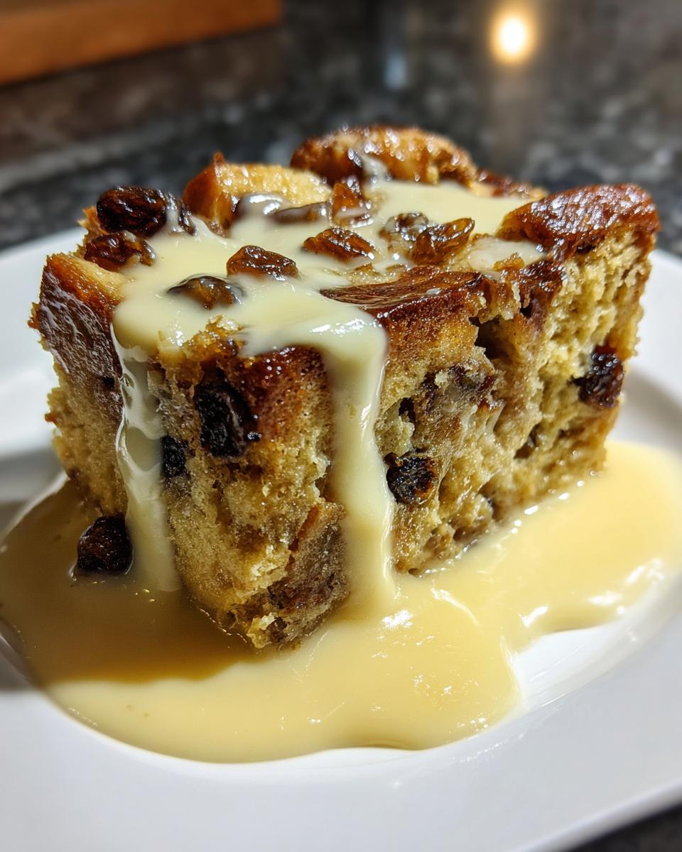 A generous slice of bread pudding recipe, rich with raisins, covered in creamy vanilla custard sauce.
