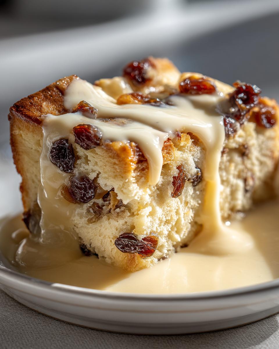 Close-up of a moist slice of bread pudding recipe topped with raisins and drizzled with vanilla cream sauce.