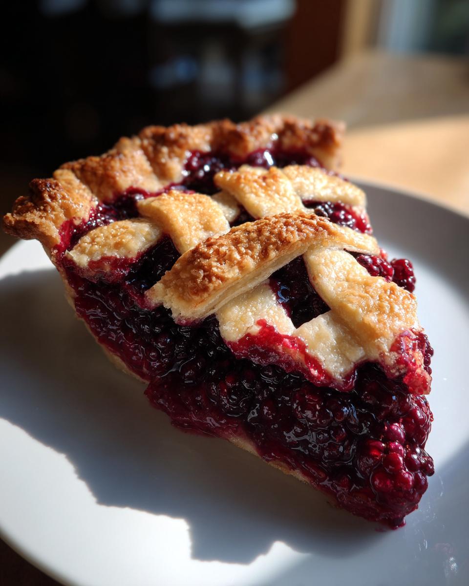 A close-up slice of juicy blackberry pie featuring a golden lattice crust, served on a white plate.