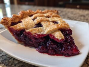 Close-up of a juicy slice of blackberry pie featuring a golden lattice crust and rich, dark berry filling.
