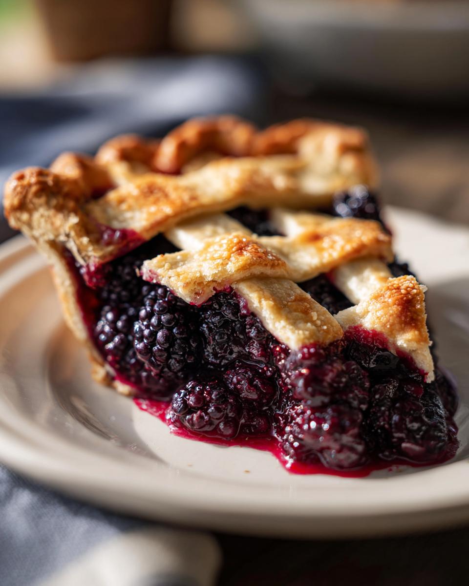 Close-up of a juicy slice of blackberry pie showing the dark filling and golden lattice crust.