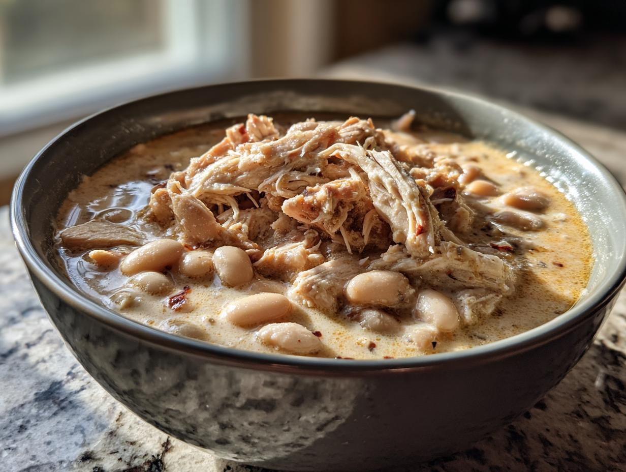 Close-up of a bowl of creamy white chili topped with shredded chicken and white beans, perfect cream cheese chicken chili.
