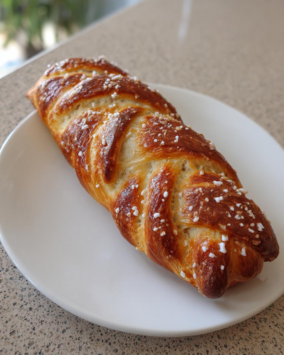 Golden brown braided dough sprinkled with coarse sugar, likely the dough used for pretzel dogs.