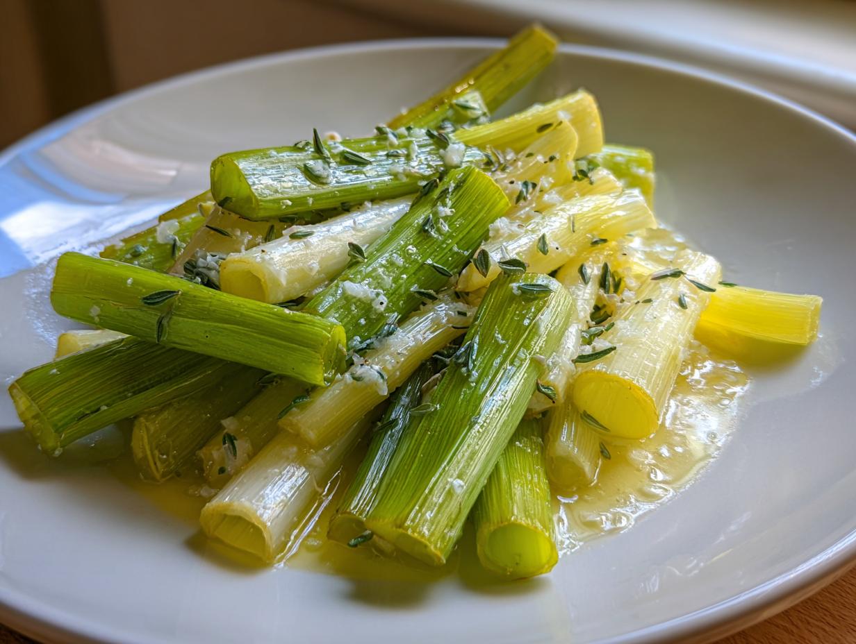 A serving of bright green and white braised leeks glistening in butter sauce and topped with fresh thyme.