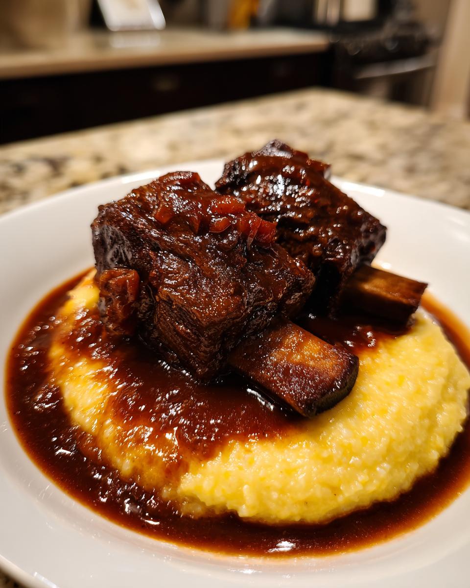 Two tender braised short ribs covered in rich brown sauce served over creamy yellow polenta.