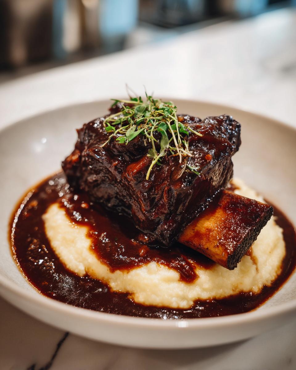 A single serving of rich, dark braised short ribs resting on creamy polenta, drizzled with sauce and topped with microgreens.