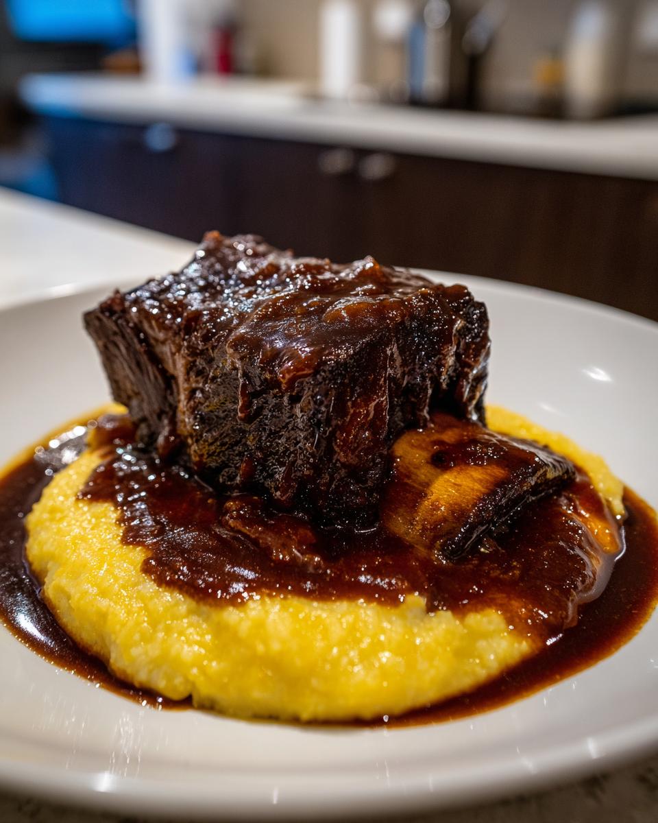 A single, dark, rich braised short ribs serving smothered in glaze over creamy yellow polenta.