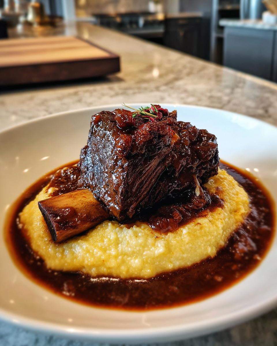 A perfectly cooked braised short ribs portion served over creamy polenta, drenched in rich sauce.