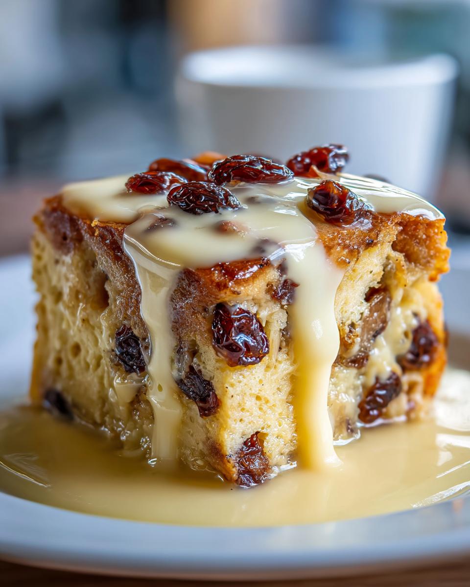 Close-up of a moist square slice of bread pudding recipe topped with vanilla custard sauce and dark raisins.