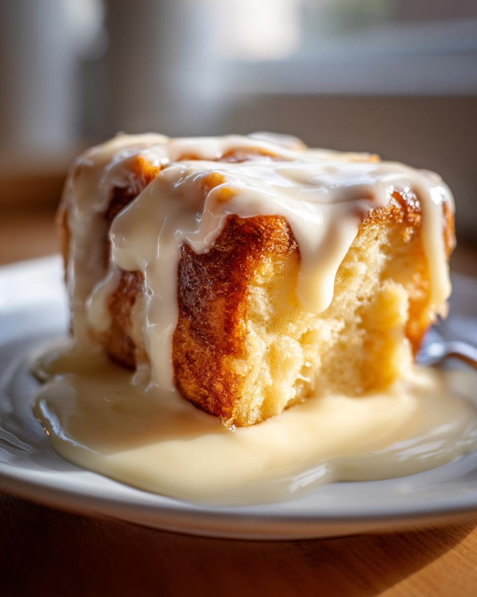 A close-up of a golden brown slice of bread pudding topped with thick vanilla glaze.