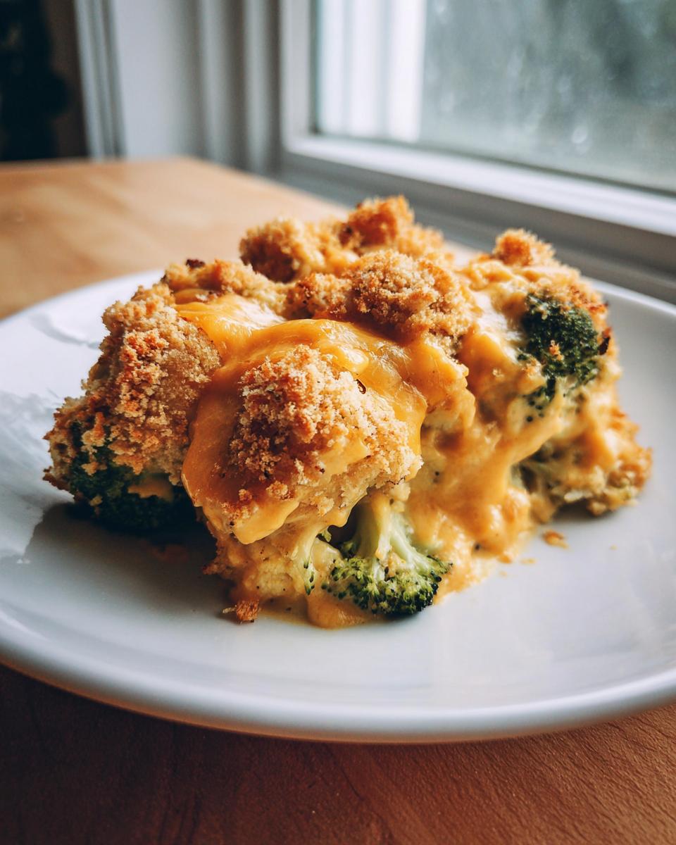 A close-up serving of creamy broccoli cauliflower casserole topped with golden brown crumbs and melted cheese.