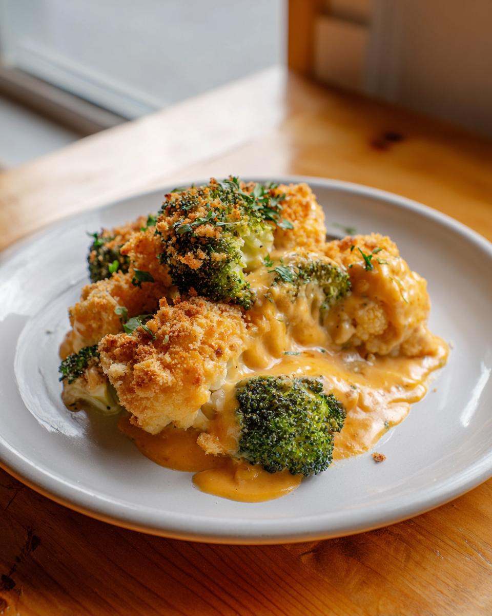 Close-up of a serving of broccoli cauliflower casserole covered in orange cheese sauce and crispy breadcrumbs.