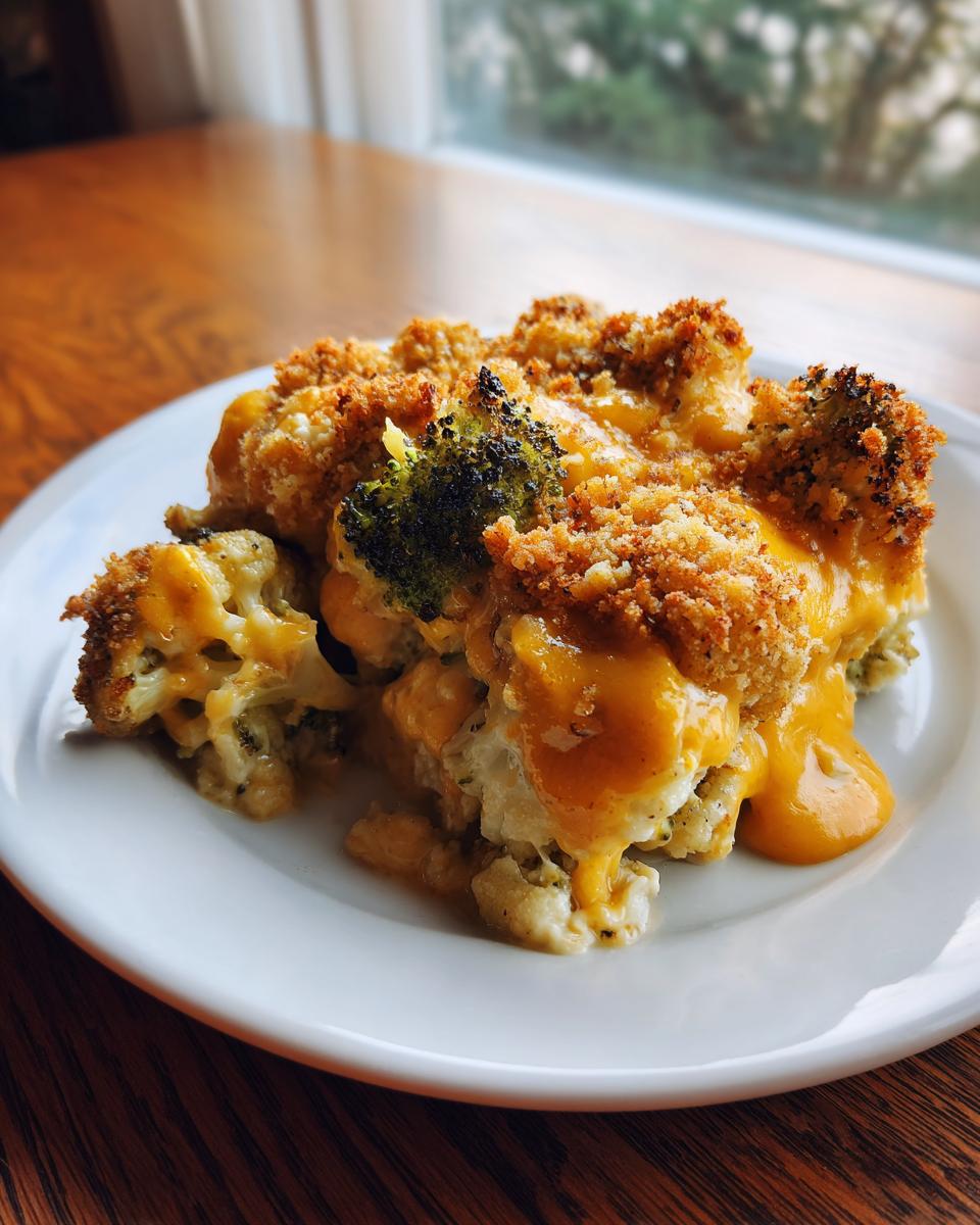 A serving of rich broccoli cauliflower casserole topped with melted cheddar cheese and crispy breadcrumbs.