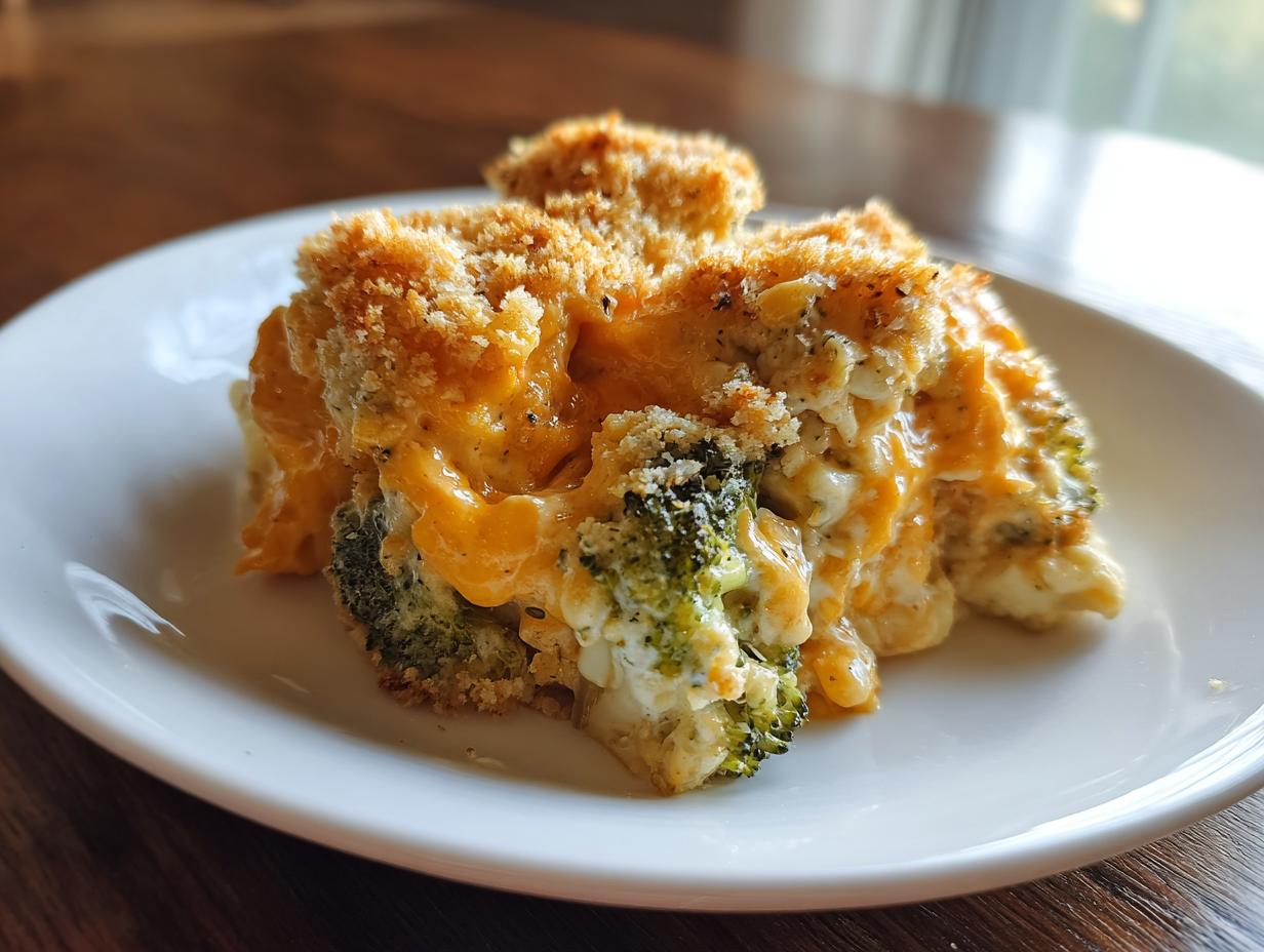 A close-up serving of creamy broccoli cauliflower casserole topped with melted cheddar cheese and crispy breadcrumbs.