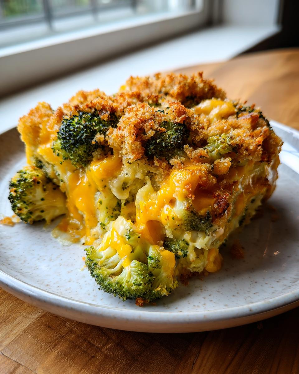 A close-up serving of broccoli cauliflower casserole, rich with melted cheese and a crispy breadcrumb topping.