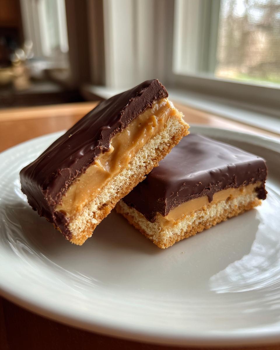 Two rich buckeye graham crackers bars, showing a cookie base, peanut butter filling, and chocolate topping, resting on a white plate.