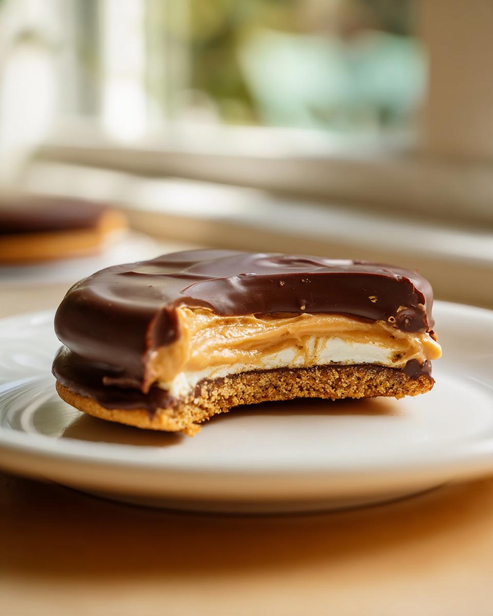 Cross-section of a buckeye graham crackers treat showing a graham cracker base, marshmallow, peanut butter filling, and chocolate coating.