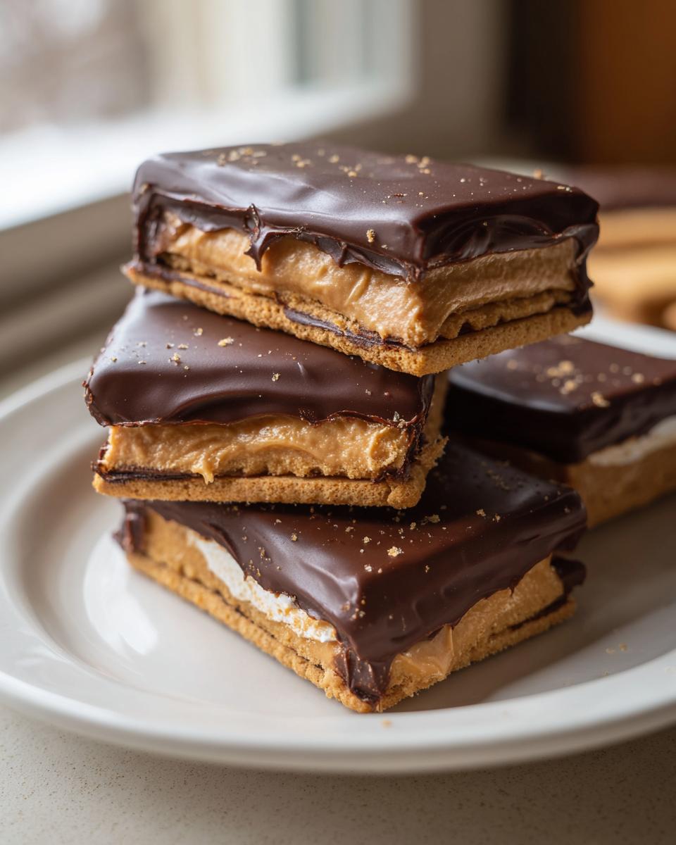 A stack of three homemade buckeye graham crackers layered with peanut butter filling and dipped in rich chocolate.