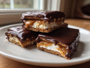 Three rich buckeye graham crackers stacked on a white plate, showing layers of marshmallow, peanut butter, and chocolate coating.