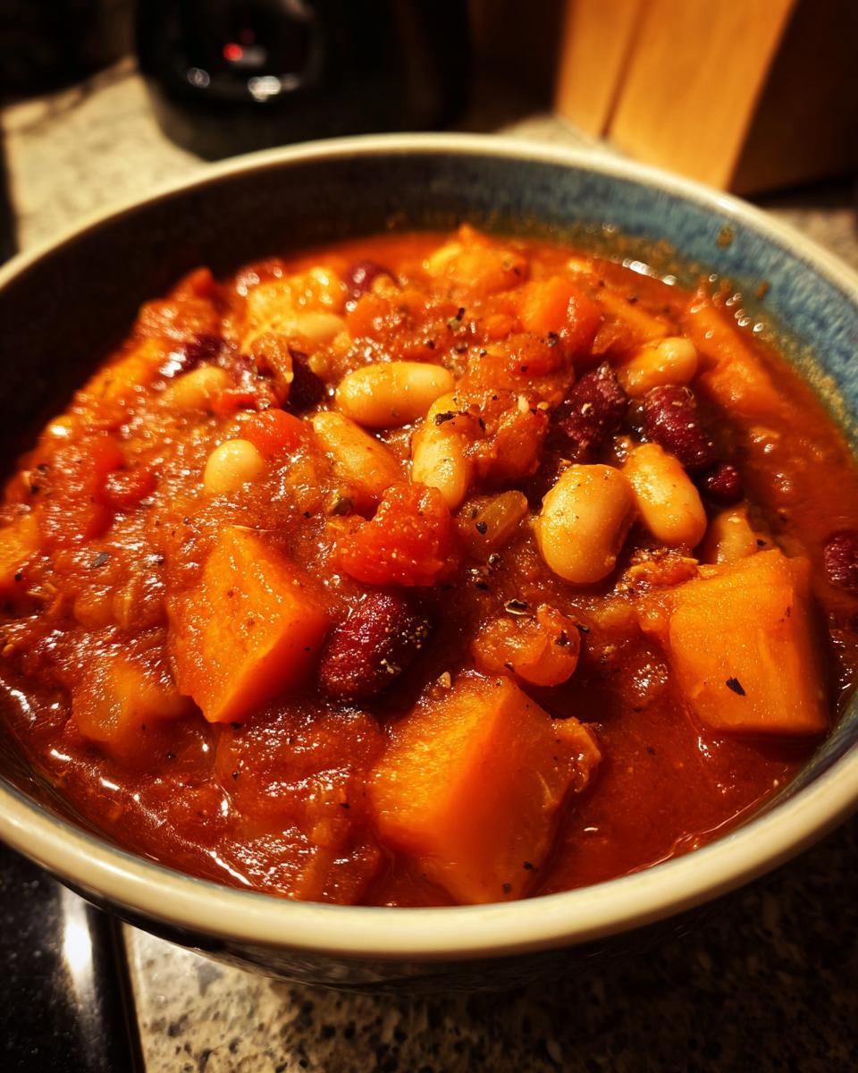 Close-up of a bowl filled with thick, rich butternut squash chili featuring orange squash cubes and white beans.