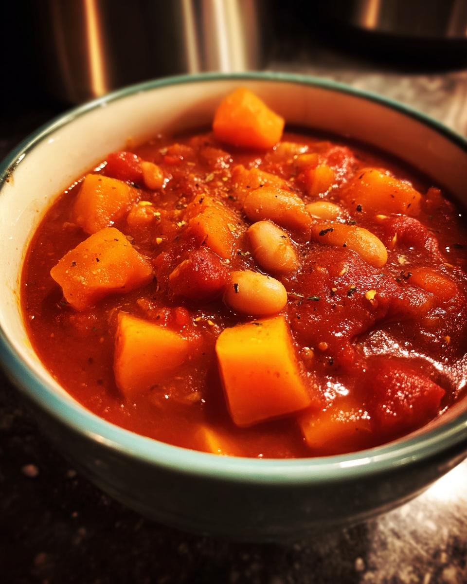 A close-up view of a bowl filled with hearty butternut squash chili, featuring chunks of orange squash and white beans in a rich red sauce.