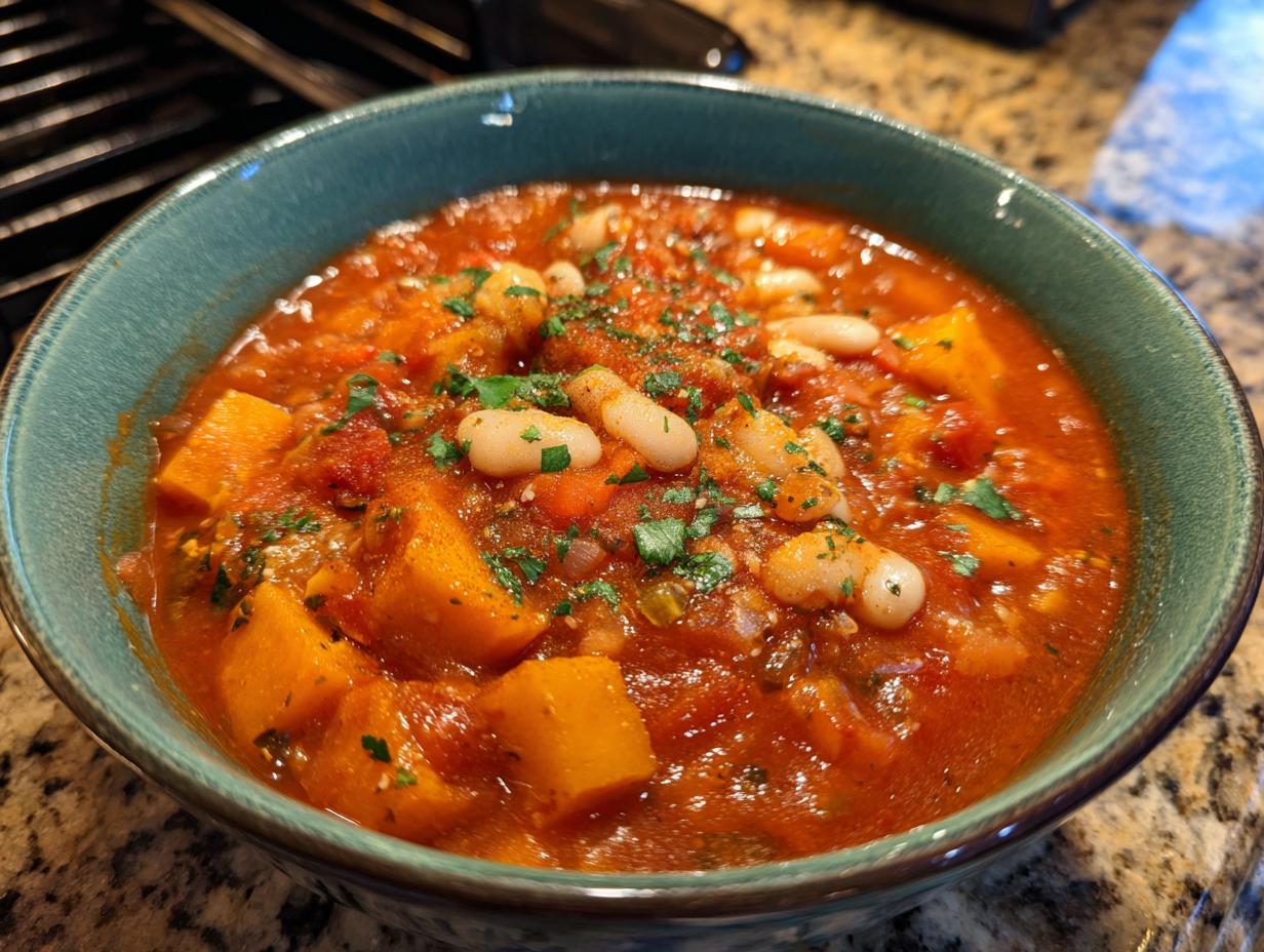 A close-up of a vibrant bowl of butternut squash chili, featuring large chunks of orange squash, white beans, and fresh parsley.