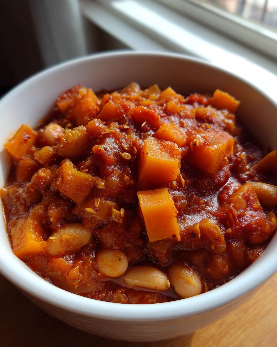 Close-up of a serving of rich, thick butternut squash chili with visible white beans in a white bowl.