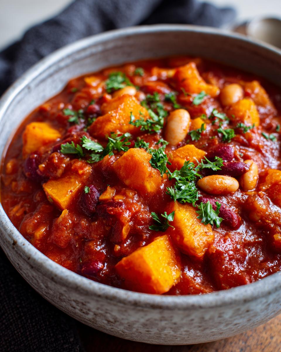 Close-up of rich, red butternut squash chili with beans, topped with fresh parsley.