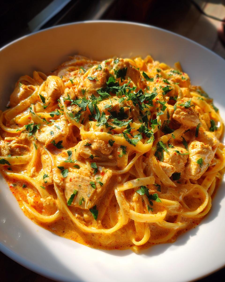A close-up of creamy Cajun chicken pasta with fettuccine noodles, seasoned chicken pieces, and fresh parsley garnish.