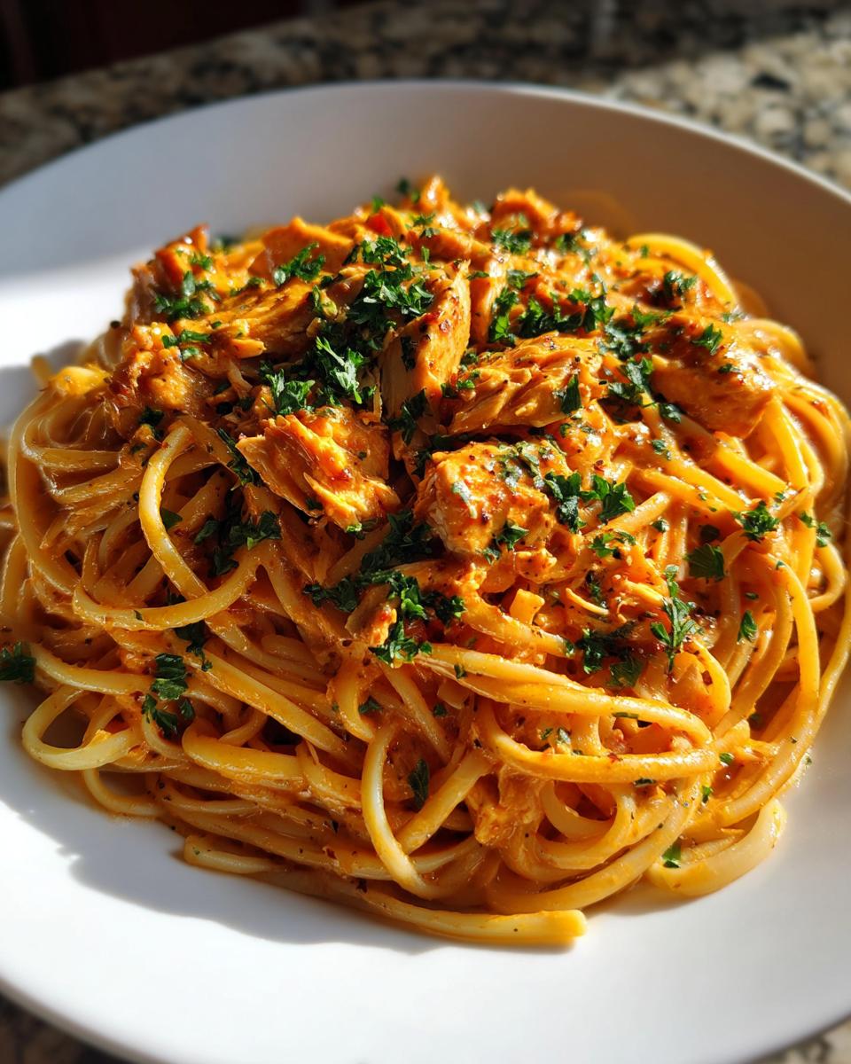 Close-up of a white bowl filled with creamy cajun chicken pasta, topped generously with shredded chicken and fresh parsley.