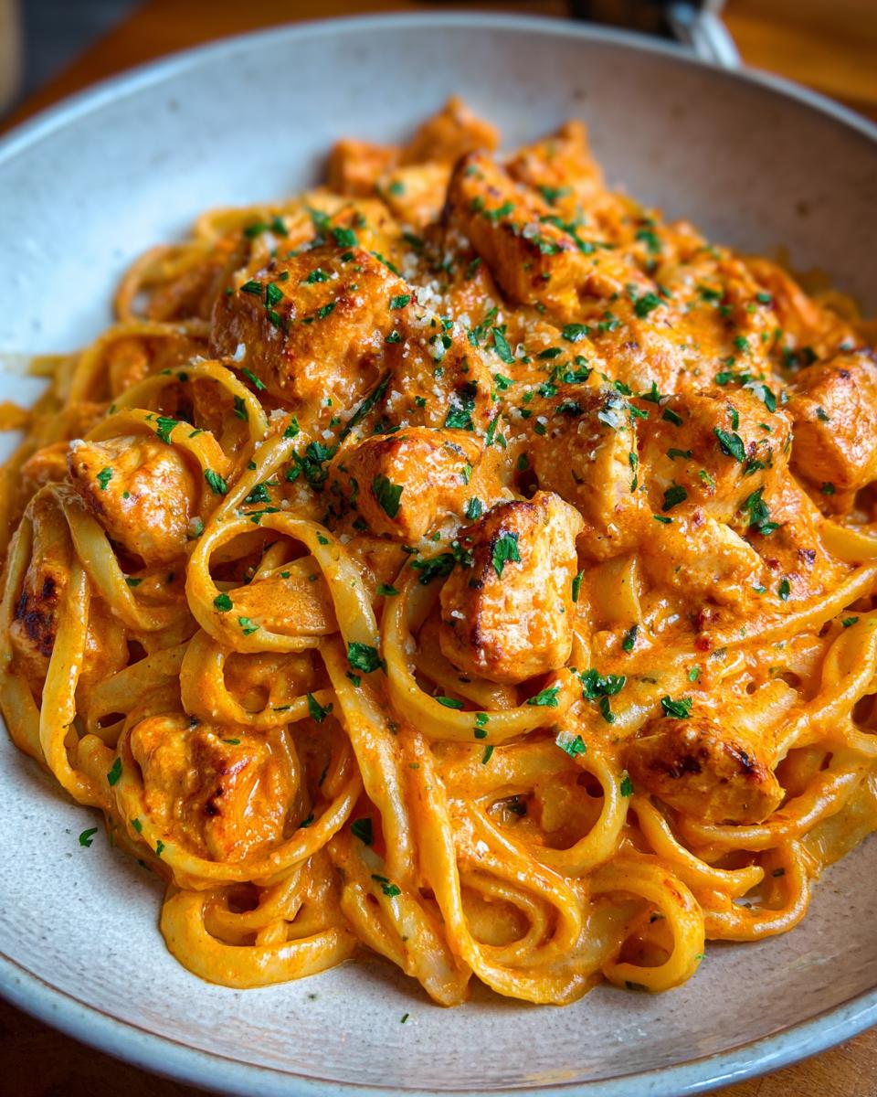 Close-up of creamy Cajun chicken pasta with fettuccine noodles, topped with diced chicken and fresh parsley.