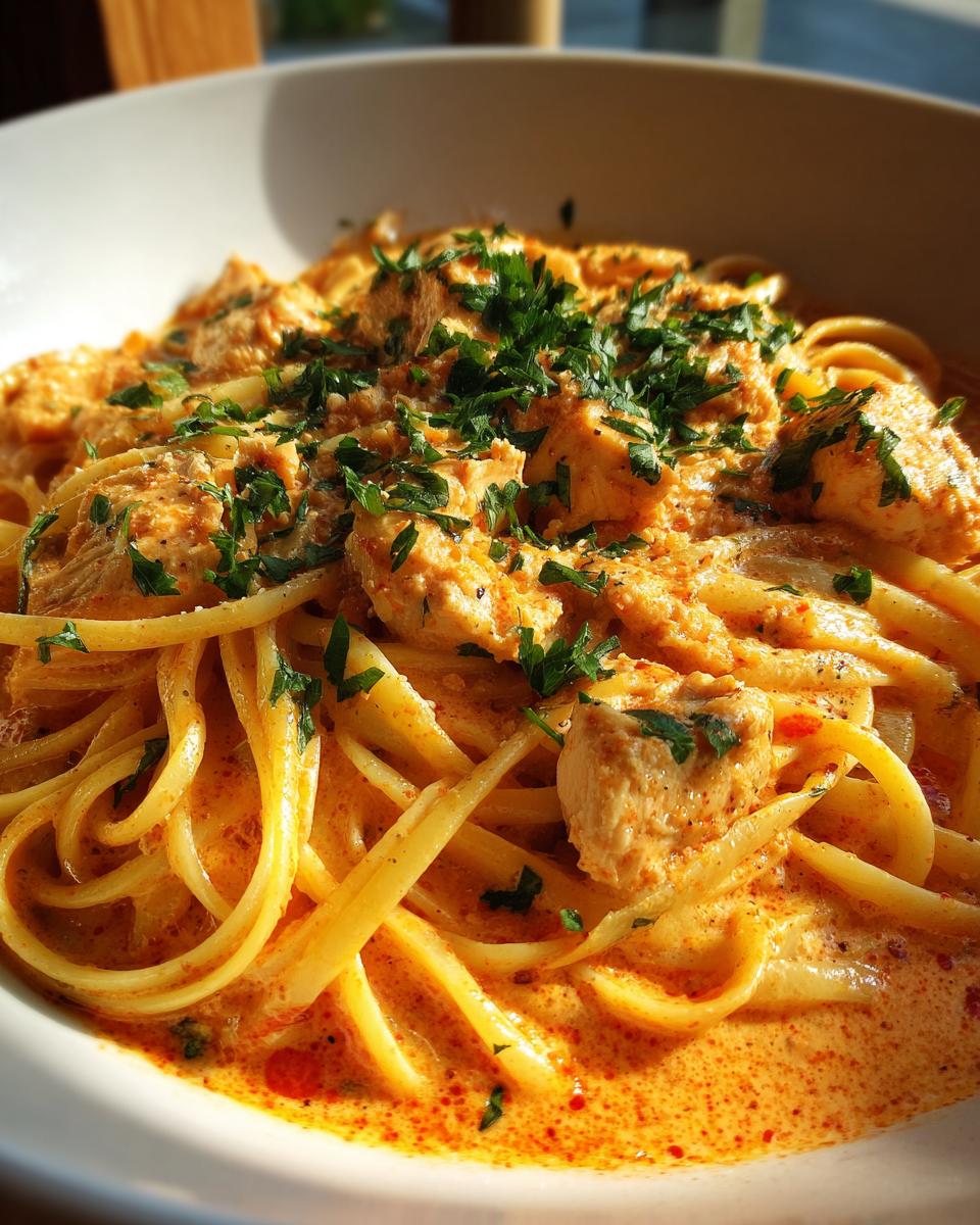 Close-up of creamy Cajun chicken pasta with linguine noodles, chunks of seasoned chicken, and fresh parsley garnish.