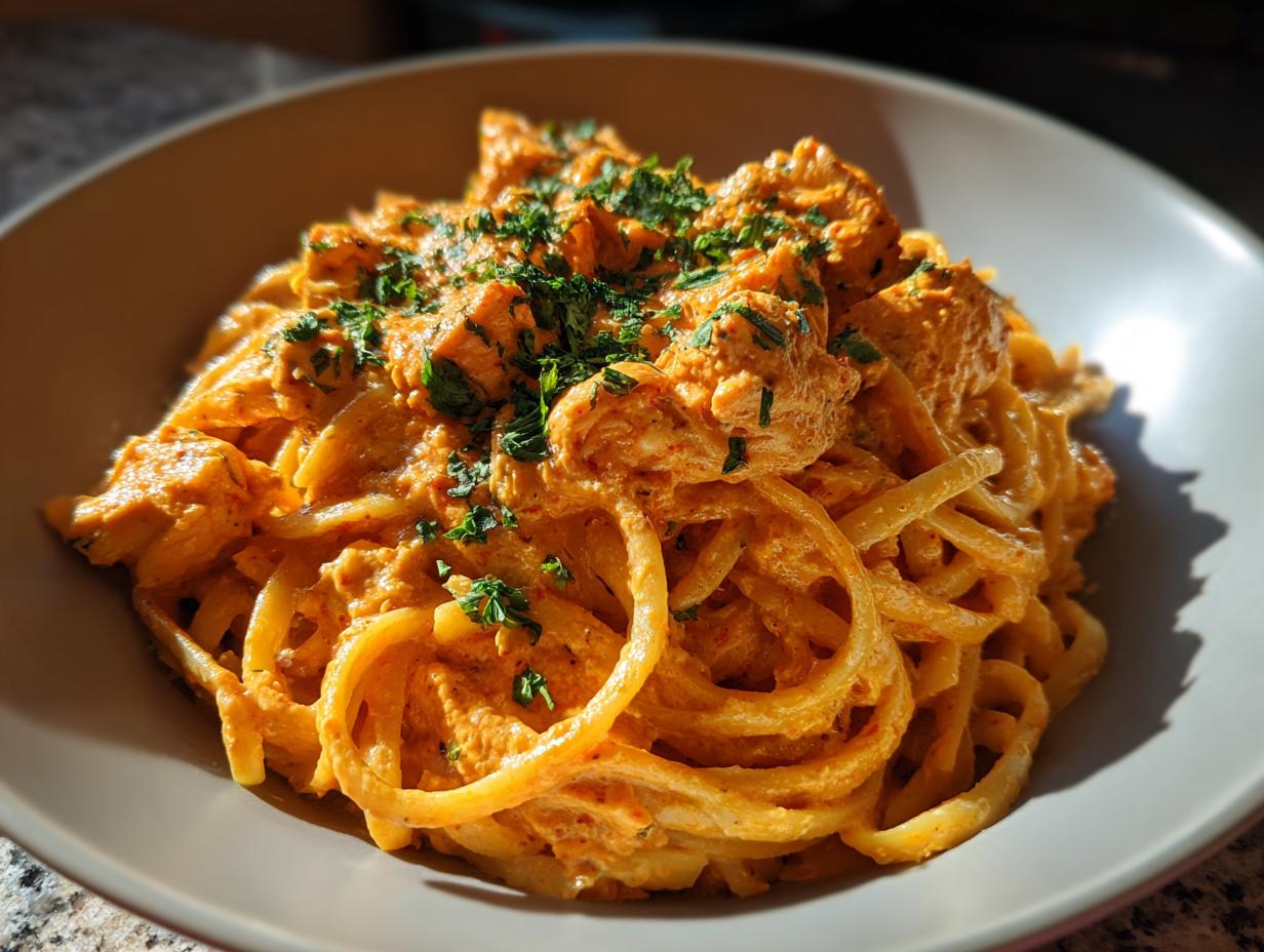 A close-up of creamy Cajun chicken pasta tossed with thick sauce and topped with fresh parsley.