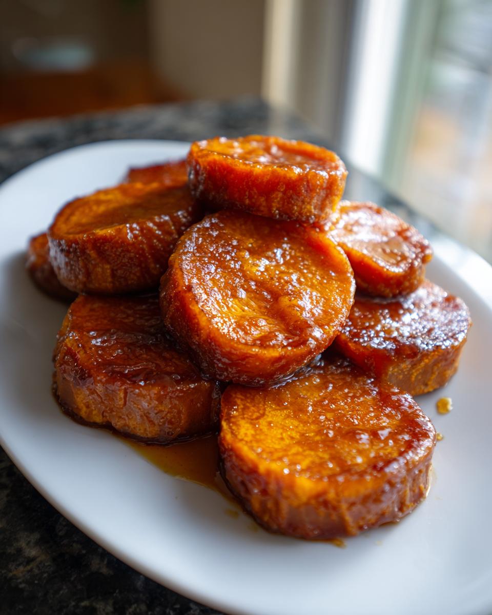 A close-up of several thick, glazed slices of candied sweet potatoes piled on a white plate.