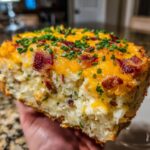 A thick slice of creamy potato casserole topped with melted cheddar cheese, bacon bits, and fresh chives.